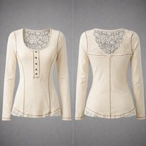 NWT Living Doll Los Angeles Lace Trim Thermal Henley Top Cream Waffle Knit Small